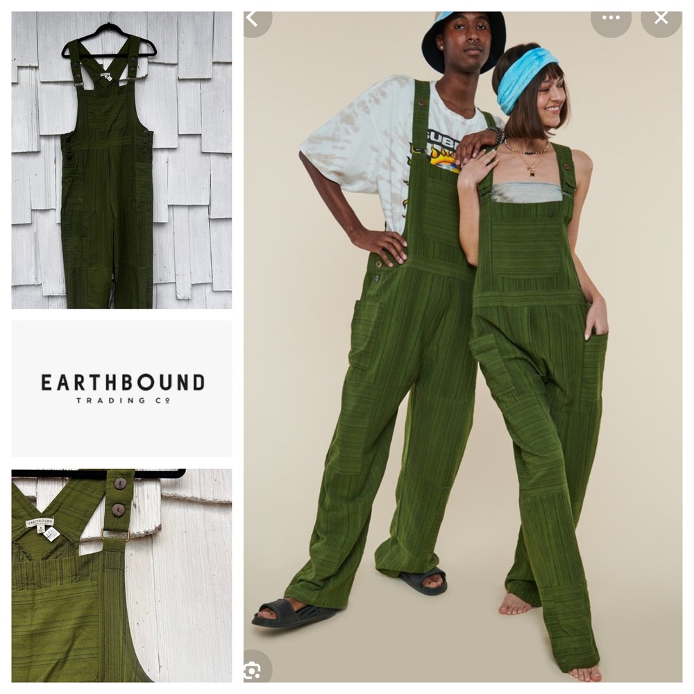 Earthbound Trading Co Olive Green Striped Patchwork Cotton Overalls Small Boho